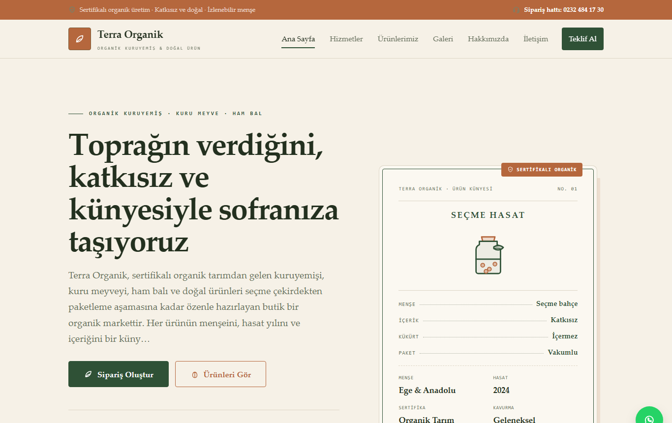 Terra Organik — Ürün Künyesi Kimliğinde Organik ve Doğal Gıda Web Sitesi görünümü 1