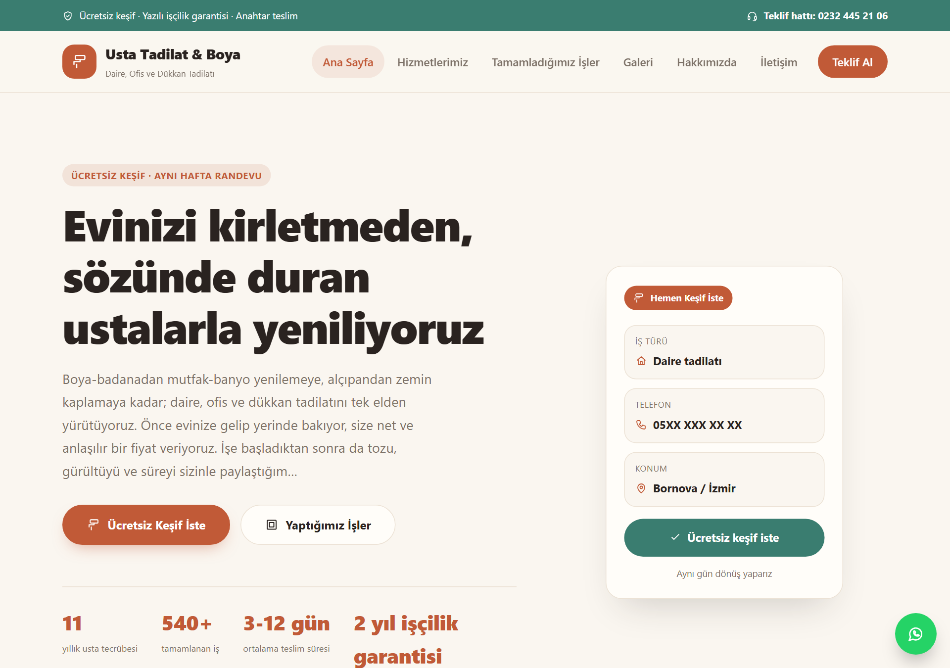 Usta — Sıcak & Samimi Tadilat ve Boya Web Sitesi — ekran görüntüsü 1