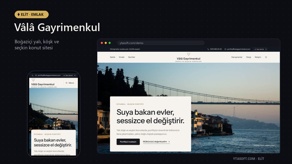 Vâlâ elit emlak sitesi ana sayfa ve mobil görünümü