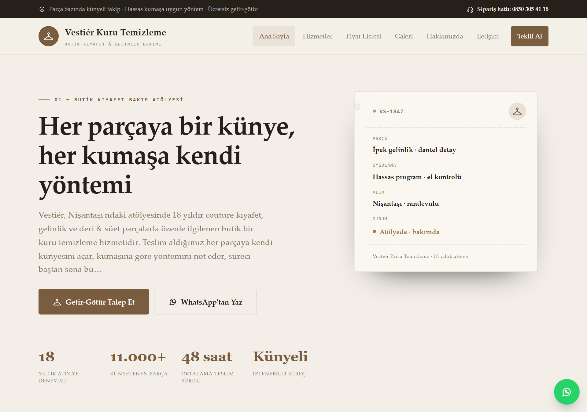 Vestiér — Premium & Editöryel Butik Kıyafet Bakımı Web Sitesi — ekran görüntüsü 1