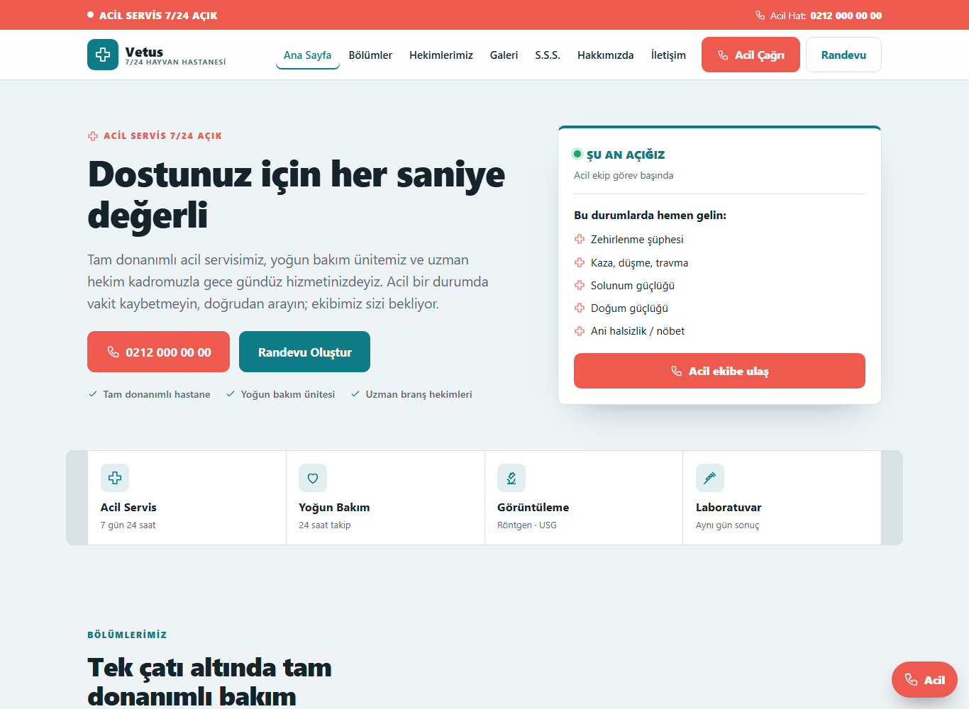 Vetus Hayvan Hastanesi web sitesi ana sayfa görünümü