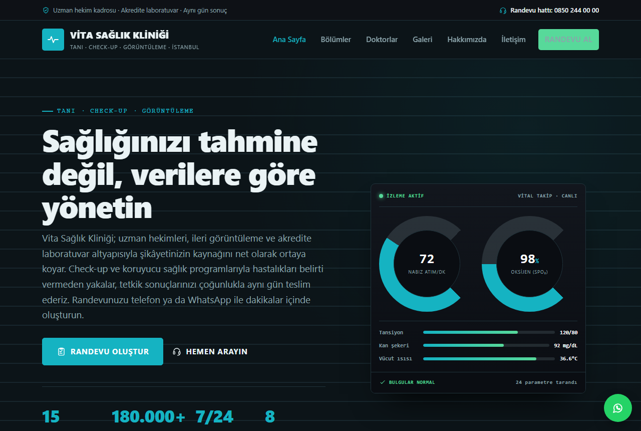 Vita Sağlık Kliniği — Modern Tanı & Check-up Kliniği Web Sitesi görünümü 1