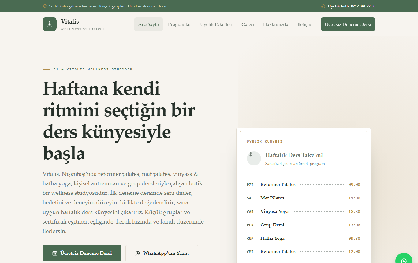 Vitalis — Açık Premium Editöryel Pilates & Yoga Wellness Stüdyosu Web Sitesi — ekran görüntüsü 1