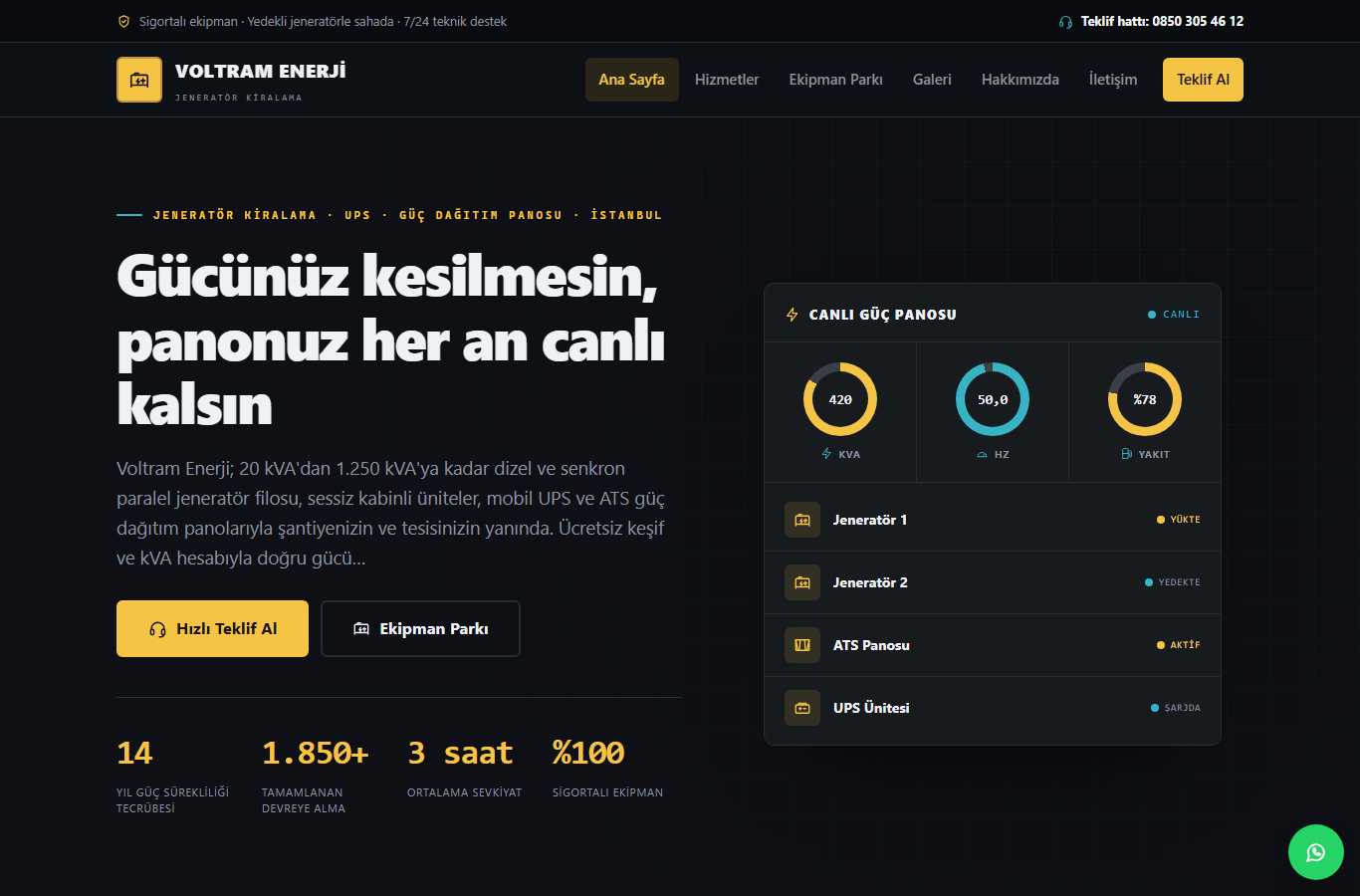 Voltram Enerji — Dizel Jeneratör ve Güç Kaynağı Kiralama Web Sitesi görünümü 1