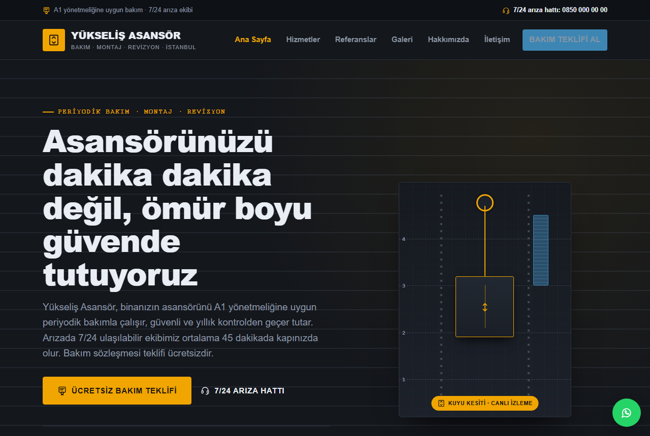Yükseliş Asansör — Asansör Bakım & Montaj Web Sitesi görünümü 1