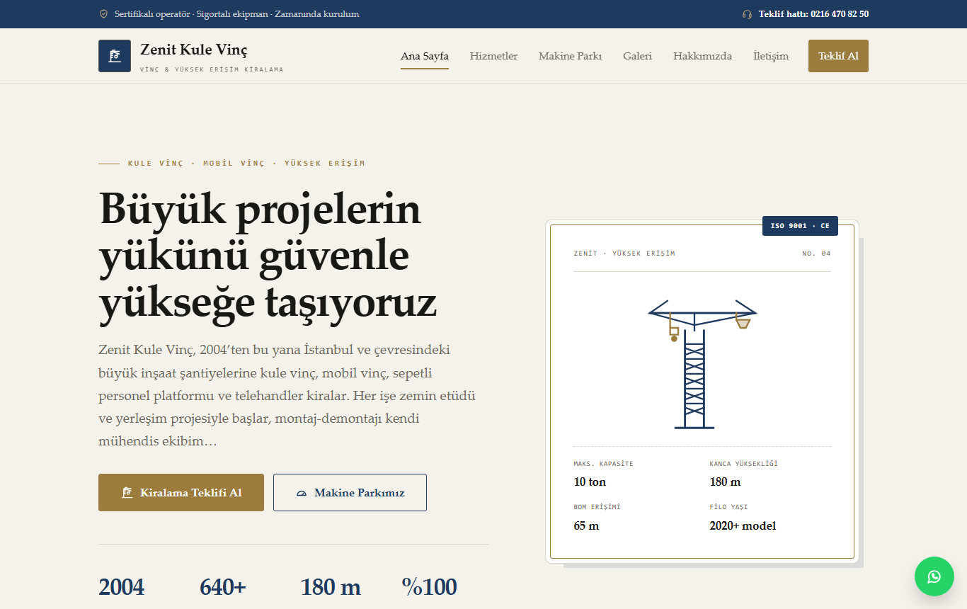 Zenit Kule Vinç & Kiralama — Vinç ve Yüksek Erişim Web Sitesi görünümü 1